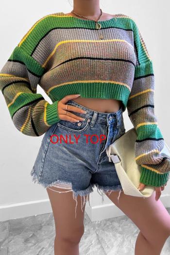 exquisite slight stretch ribbed knit contrast color crew neck sweaters