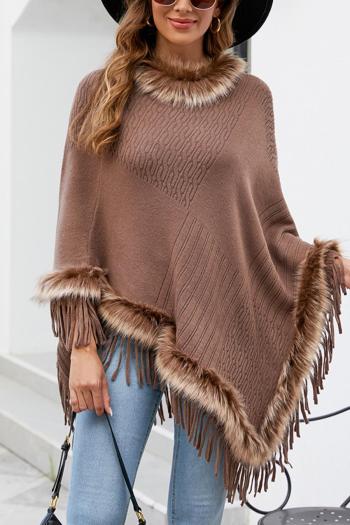 stylish slight stretch knitted plush collar tassel all-match shawl sweater