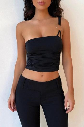 xs-l sexy slight stretch pure color one shoulder metallic ring linked crop vest