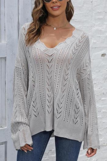 exquisite slight stretch cut out knitted pure color v-neck all-match sweater