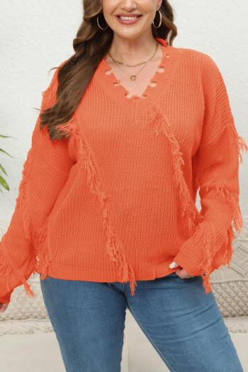 stylish plus size slight stretch knitted 5 colors v-neck tassel sweater