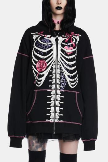 halloween non-stretch skull printing zip-up loose hooded sweatshirt