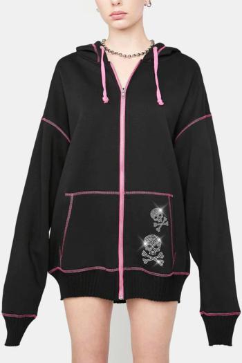 halloween non-stretch skull rhinestones zip-up loose hooded sweatshirt