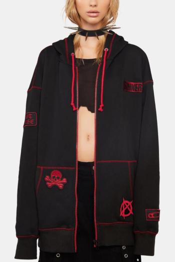 halloween non-stretch embroidery skull zip-up loose hooded sweatshirt
