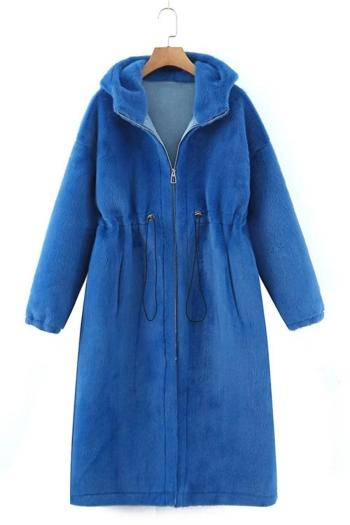 stylish non-stretch solid color plush zip-up hooded warm long coat