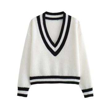 casual slight stretch striped v-neck loose knitted sweater