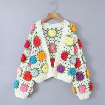 exquisite slight stretch three-dimensional floral knitted cardigan sweater