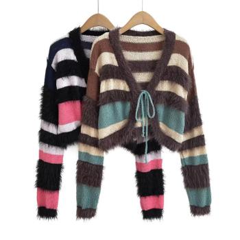 exquisite slight stretch striped fuzzy lace-up crop knitted cardigan sweater