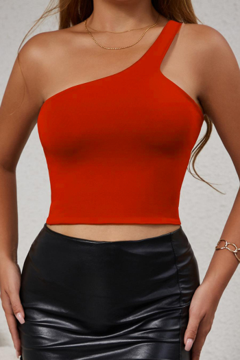 sexy plus size slight stretch pure color one shoulder all-match crop tank top
