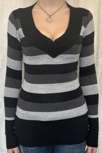 stylish slight stretch stripe knitted v-neck slim all-match sweater
