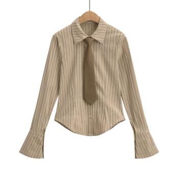 casual non-stretch stripe printing lapel with tie blouses size run small
