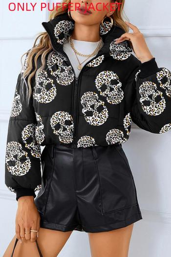 casual plus size non-stretch skull print puffer jacket(only puffer jacket)