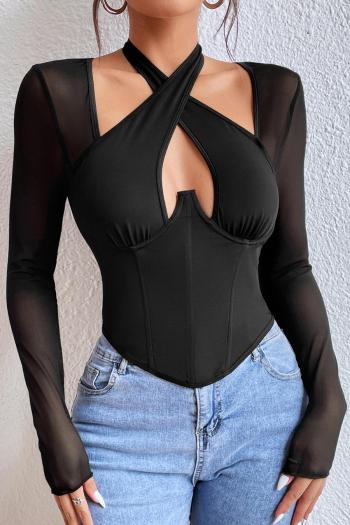 sexy slight stretch mesh stitching hollow top(with underwire & boned)