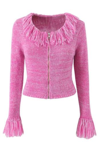 exquisite slight stretch knitted zip-up tassel all-match crop sweater