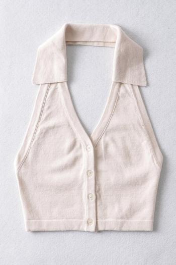 sexy slight stretch knitted halter-neck button crop vest(size run small)