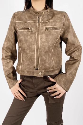 stylish slight stretch pu leather zip-up all-match jacket(size run small)