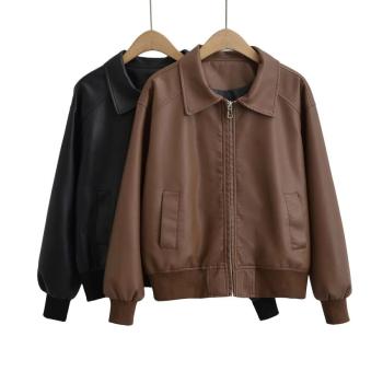 stylish slight stretch pu leather zip-up turndown collar jacket(size run small)