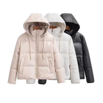 xs-l casual non-stretch pu leather 3 colors hooded warm puffer jacket