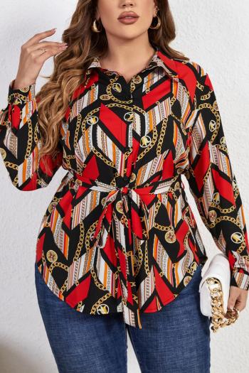 casual plus size non-stretch loose batch printing belt long-sleeved shirt