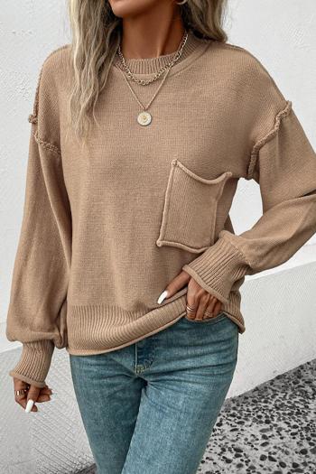 casual slight stretch knitted pure color loose pocket all-match sweater
