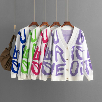 casual slight stretch loose letter jacquard knitted cardigan sweater