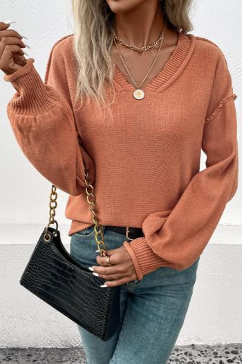 casual slight stretch knitted pure color v-neck long sleeve sweater