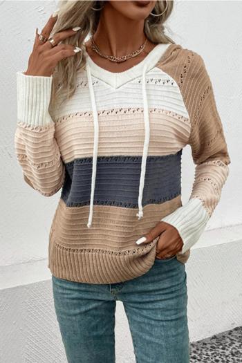 casual slight stretch color-block knitted hooded all-match sweater