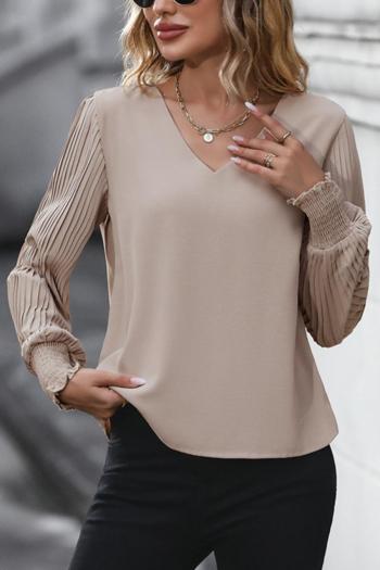 stylish non-stretch pure color v-neck pleated long sleeve all-match blouse