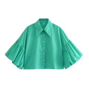 sexy non-stretch solid color lapel puff sleeve crop blouses