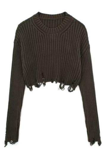 exquisite slight stretch knitted raw hem crop sweater(size run small)