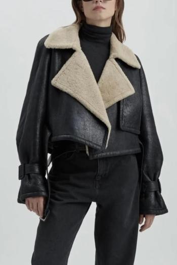 stylish non-stretch pu leather berber fleece lined belt jacket(size run small)