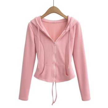 casual slight stretch solid color lace-up zip-up hooded pocket coat size run small