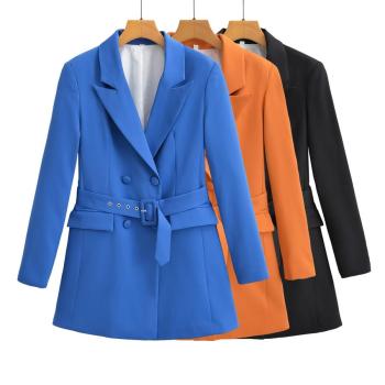 elegant non-stretch solid color double-breasted belt blazer
