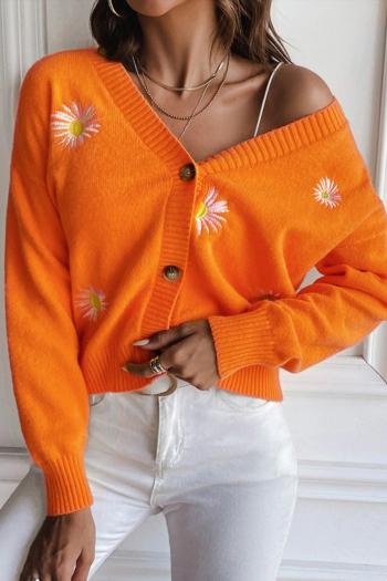 stylish plus size slight stretch floral embroidered knitted v-neck sweater