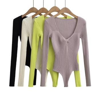 sexy slight stretch solid color kink ribbed knit bodysuit size run small