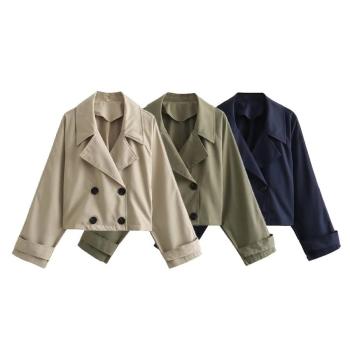 casual non-stretch solid color pocket double breasted loose crop jacket