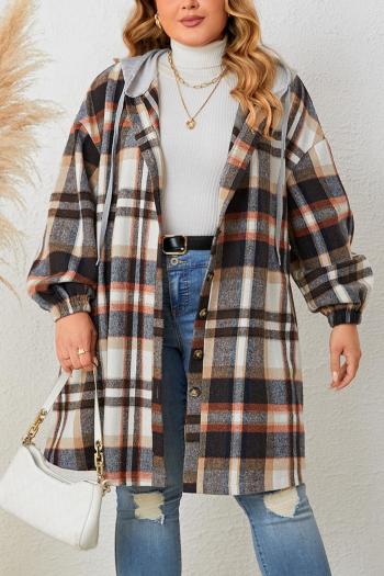 casual plus size non-stretch plaid hooded button jacket