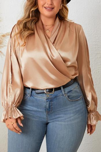casual plus size non-stretch satin solid color v-neck blouses