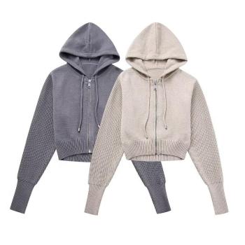 casual slight stretch knitted hooded zip-up crop sweater(size run small)