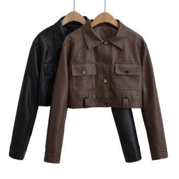 stylish non-stretch pu leather single-breasted crop jacket(size run small)