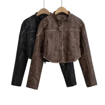 stylish retro non-stretch pu leather all-match crop jacket(size run small)