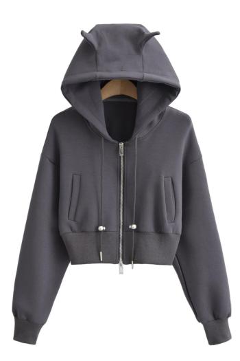 stylish slight stretch 3 colors hooded zip-up crop sweatshirt(size run small)
