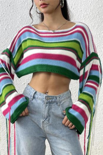 sexy slight stretch multicolor stripe knitted tassel all-match crop sweater#2#