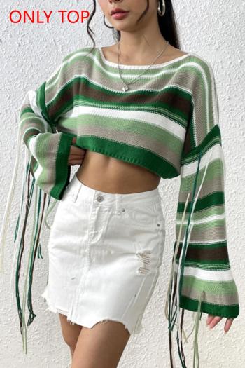 sexy slight stretch multicolor stripe knitted tassel all-match crop sweater#3#
