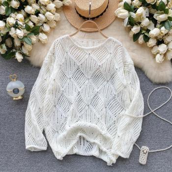 stylish slight stretch solid knitted hollow rhinestone loose thin sweater