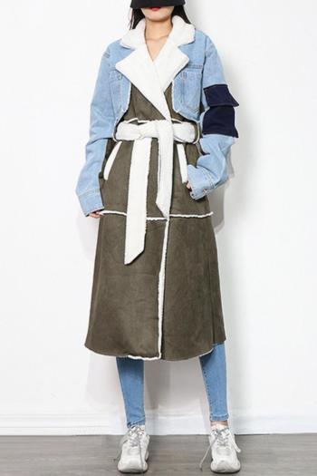 casual inelastic contrast color denim stitching berber fleece with belt jacket