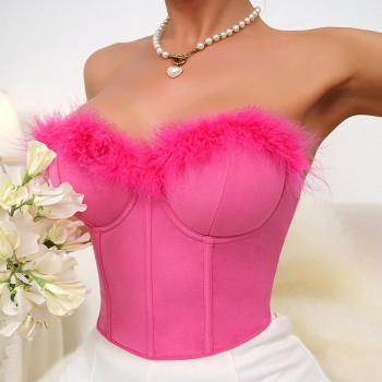 sexy slight stretch feather decor tube design with underwire padded tank top