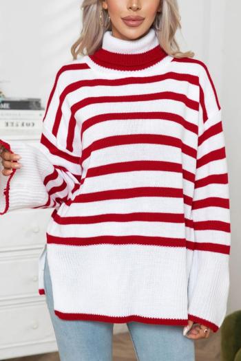 casual slight stretch stripe knitted turtleneck slit side loose sweater