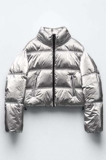 xs-l casual non-stretch silver zip-up warm puffer outerwear(size run small)
