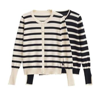 stylish slight stretch stripe knitted single-breasted all-match thin sweater